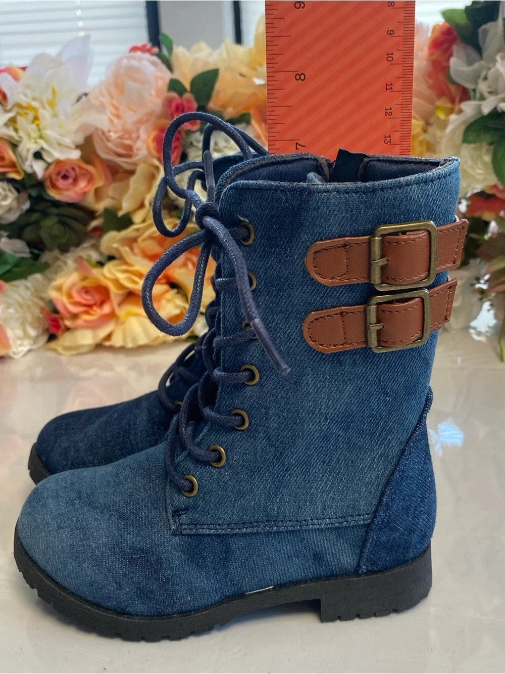 Toddler Denim Moto Lace-Up Boots Side Zip Buckle Blue Size 8